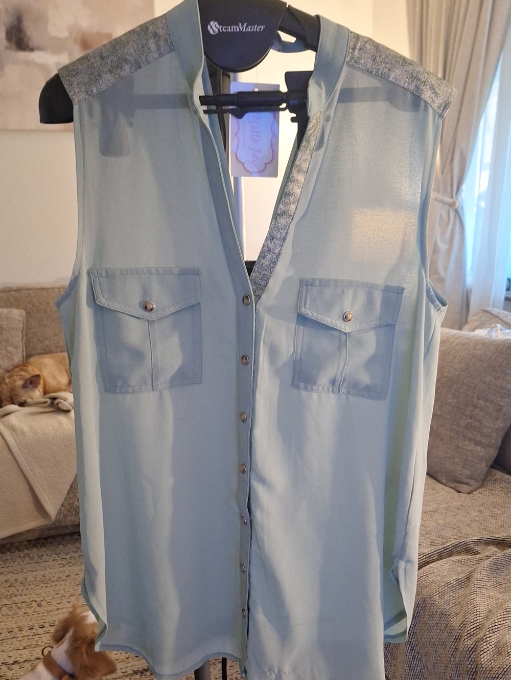 Very J Sleeveless Button-Front Blouse in Light Blue with Textured Shoulders